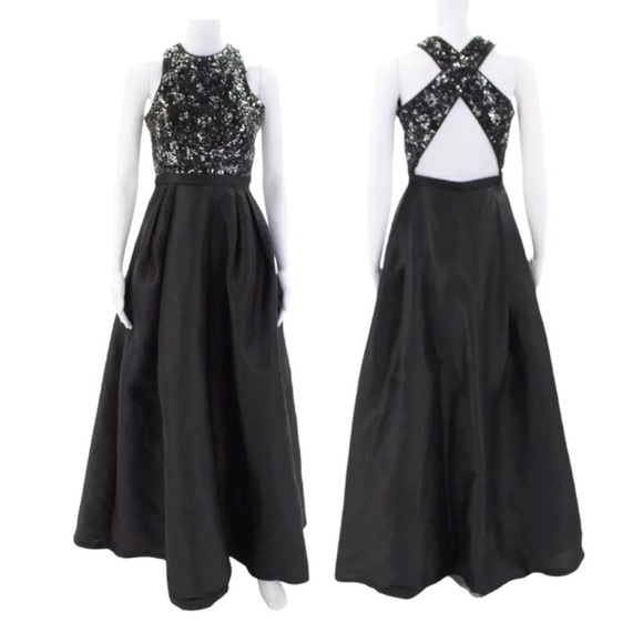 Monique Lhullier Jadore Formal Maxi Dress 0 Black Silver Sequin Open Back Gown - Picture 1 of 13